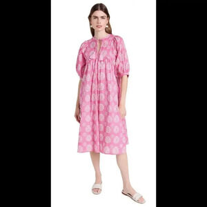 Mille Resort & Travel Saffron Midi Dress Kaftan Pink Daisy Puff Sleeve XL Muumuu